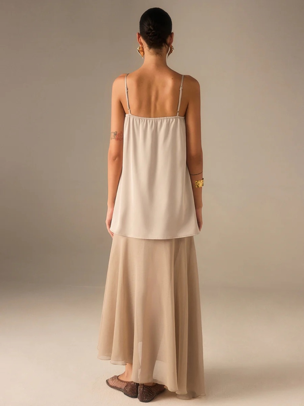 NWT Commense 2 in 1 Semi-Sheer Chiffon Cami Maxi Dress Khaki Size Medium - Picture 10 of 10